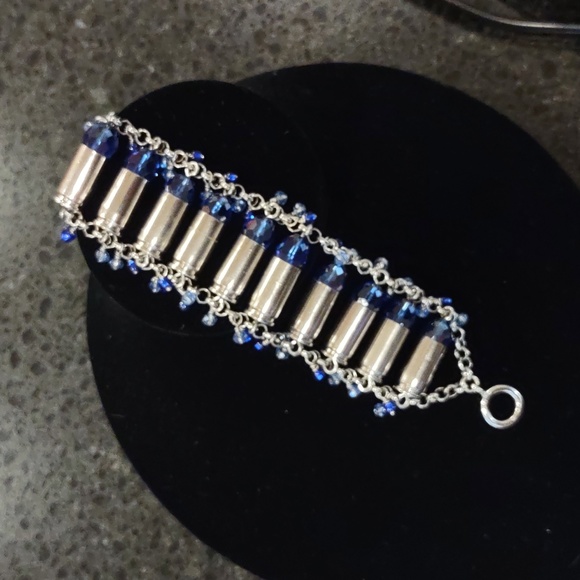 Handmade Bullet Shell Casing Bracelet With Blue Swarovski Crystals - Picture 13 of 15
